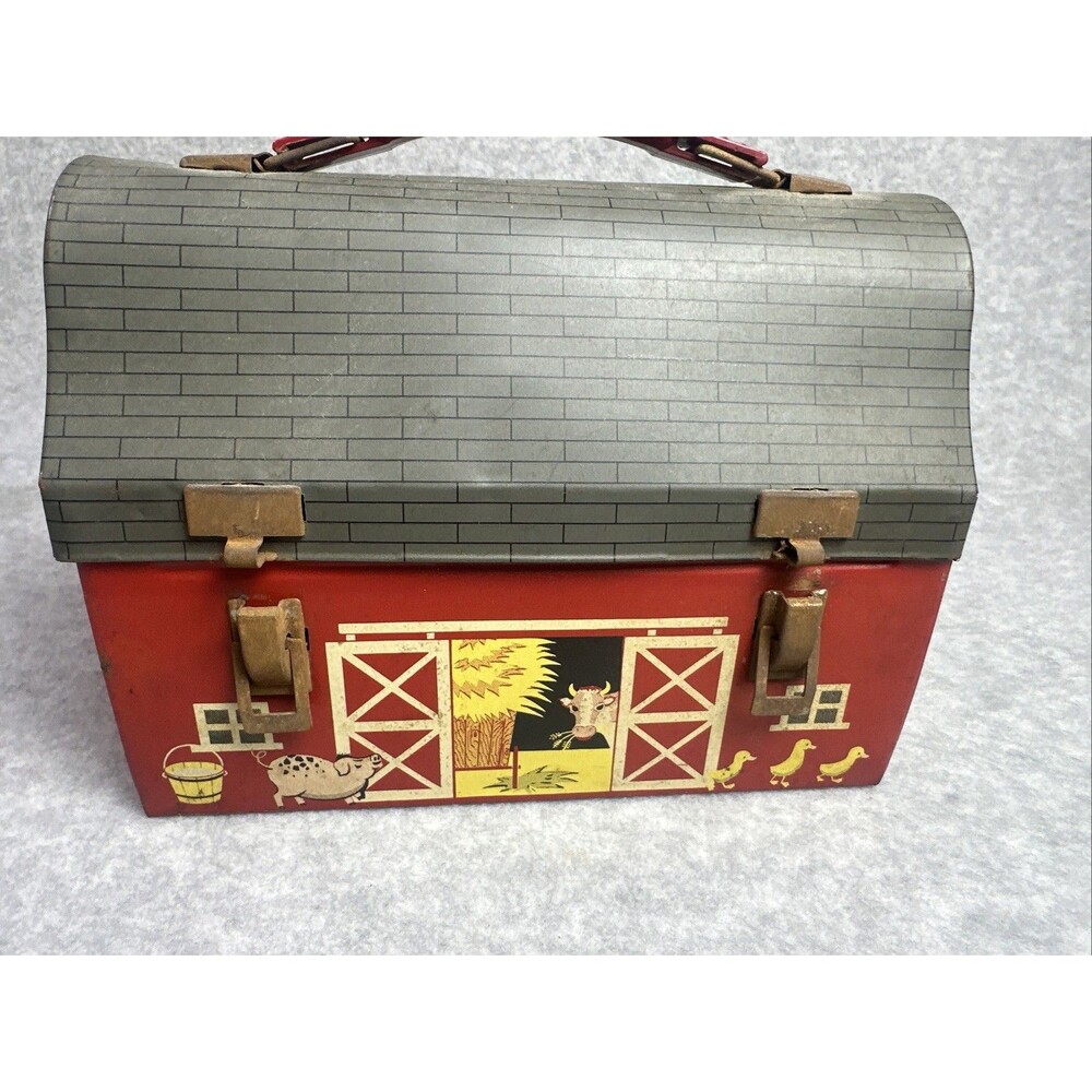 Vintage 1950s American Thermos Brand Red Barn Metal Dome Lunchbox Rustic Patina - Picture 6 of 7